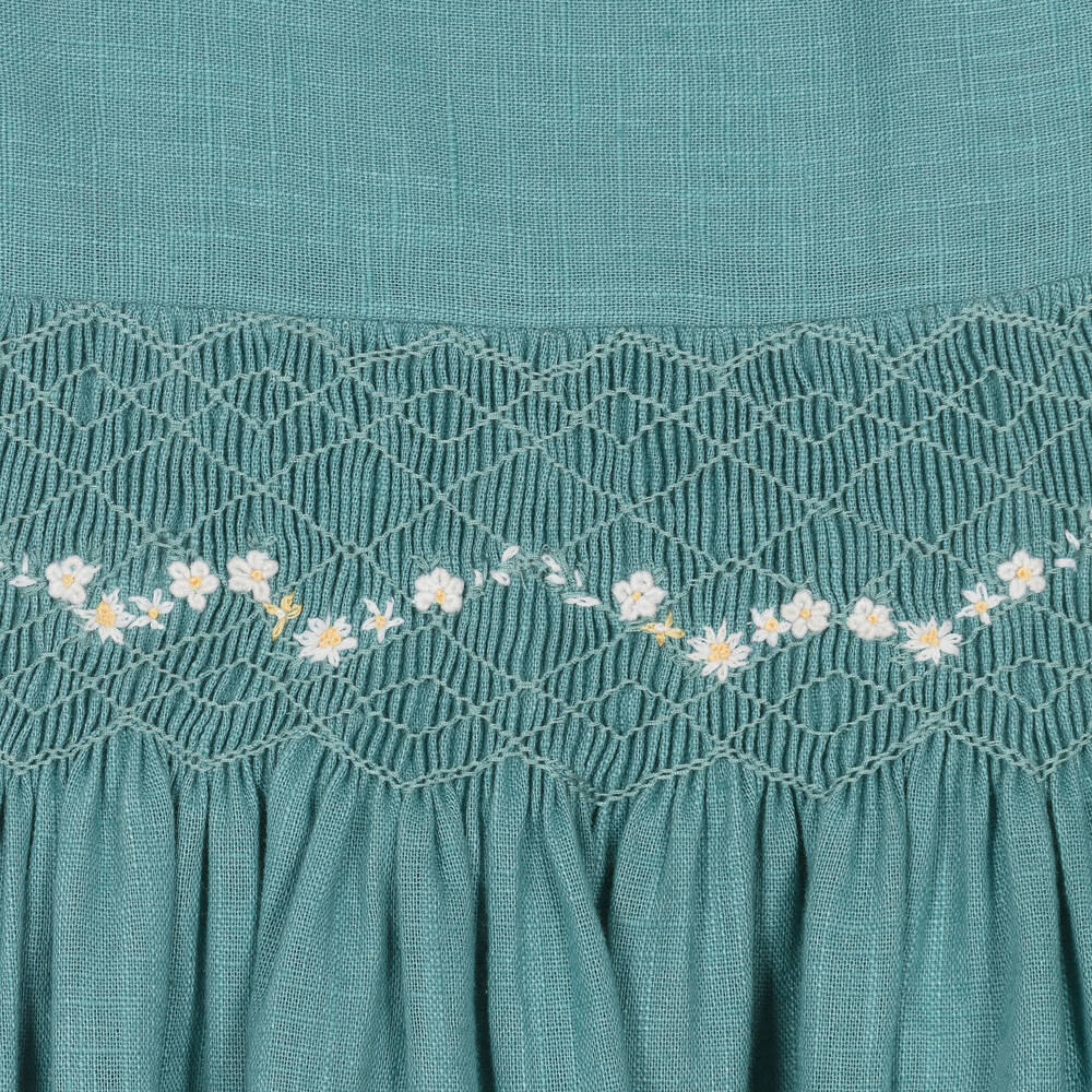 Kidiwi-Girls Teal Blue Smocked Linen Dress | Childrensalon Outlet