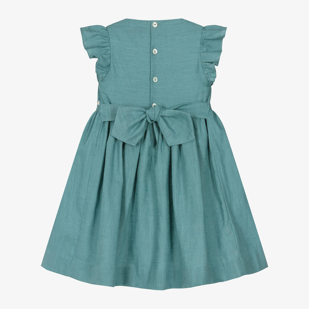 Kidiwi-Girls Teal Blue Smocked Linen Dress | Childrensalon Outlet