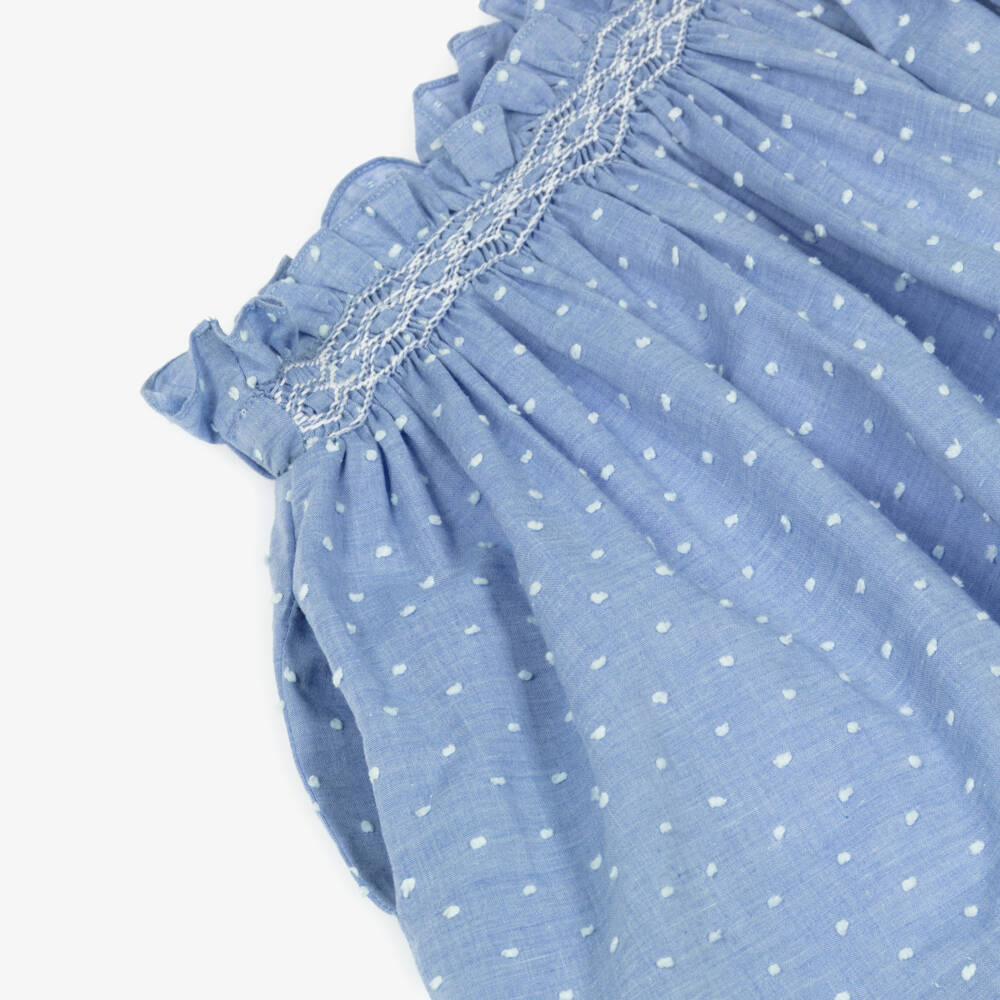 Kidiwi-Girls White & Blue Hand-Smocked Cotton Skirt Set | Childrensalon Outlet