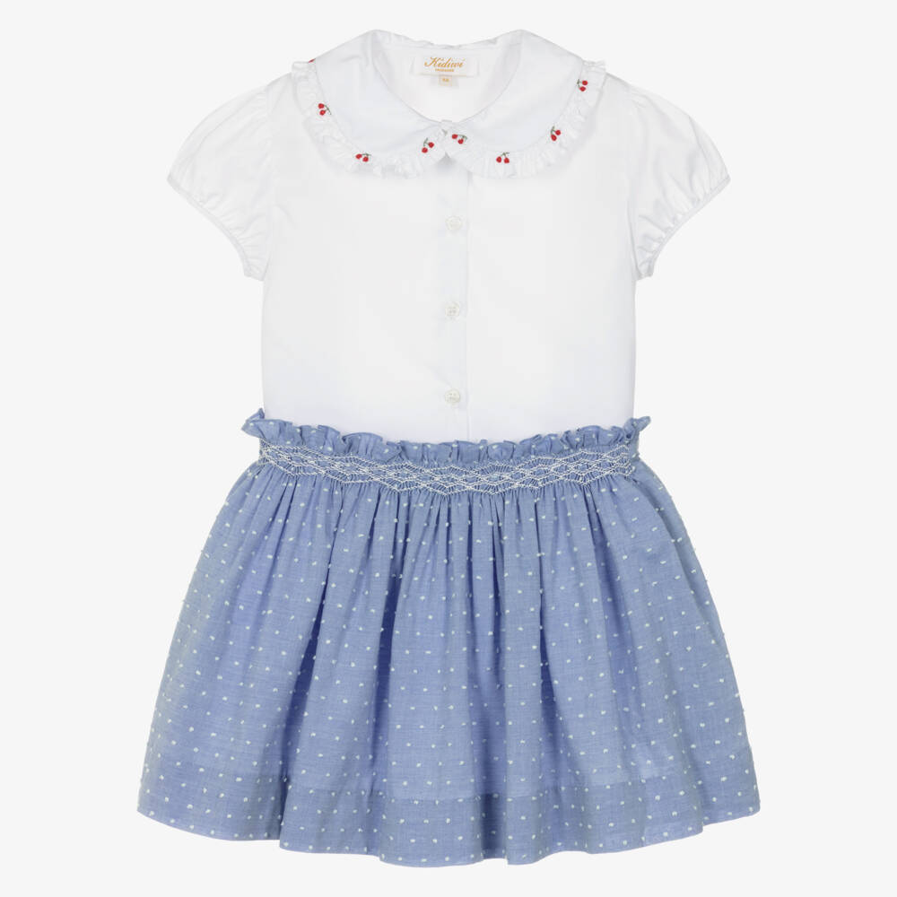 Kidiwi-Girls White & Blue Hand-Smocked Cotton Skirt Set | Childrensalon Outlet