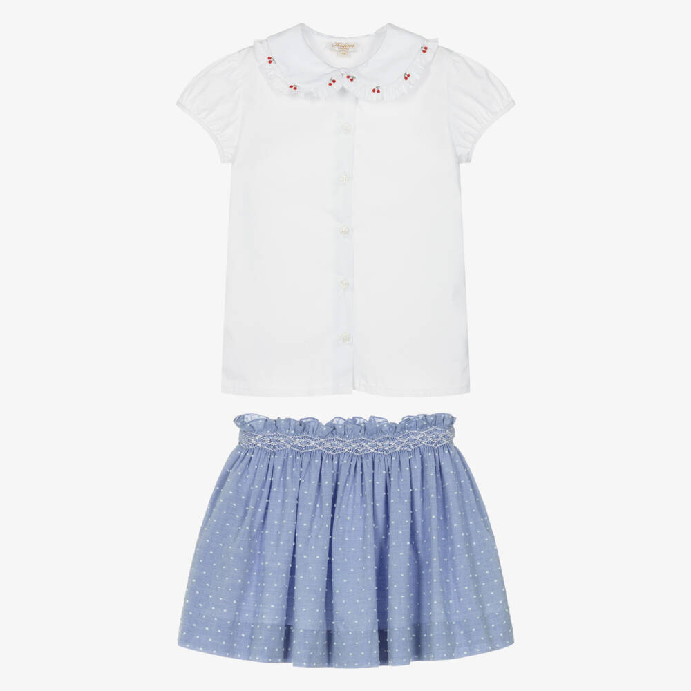 Kidiwi-Girls White & Blue Hand-Smocked Cotton Skirt Set | Childrensalon Outlet