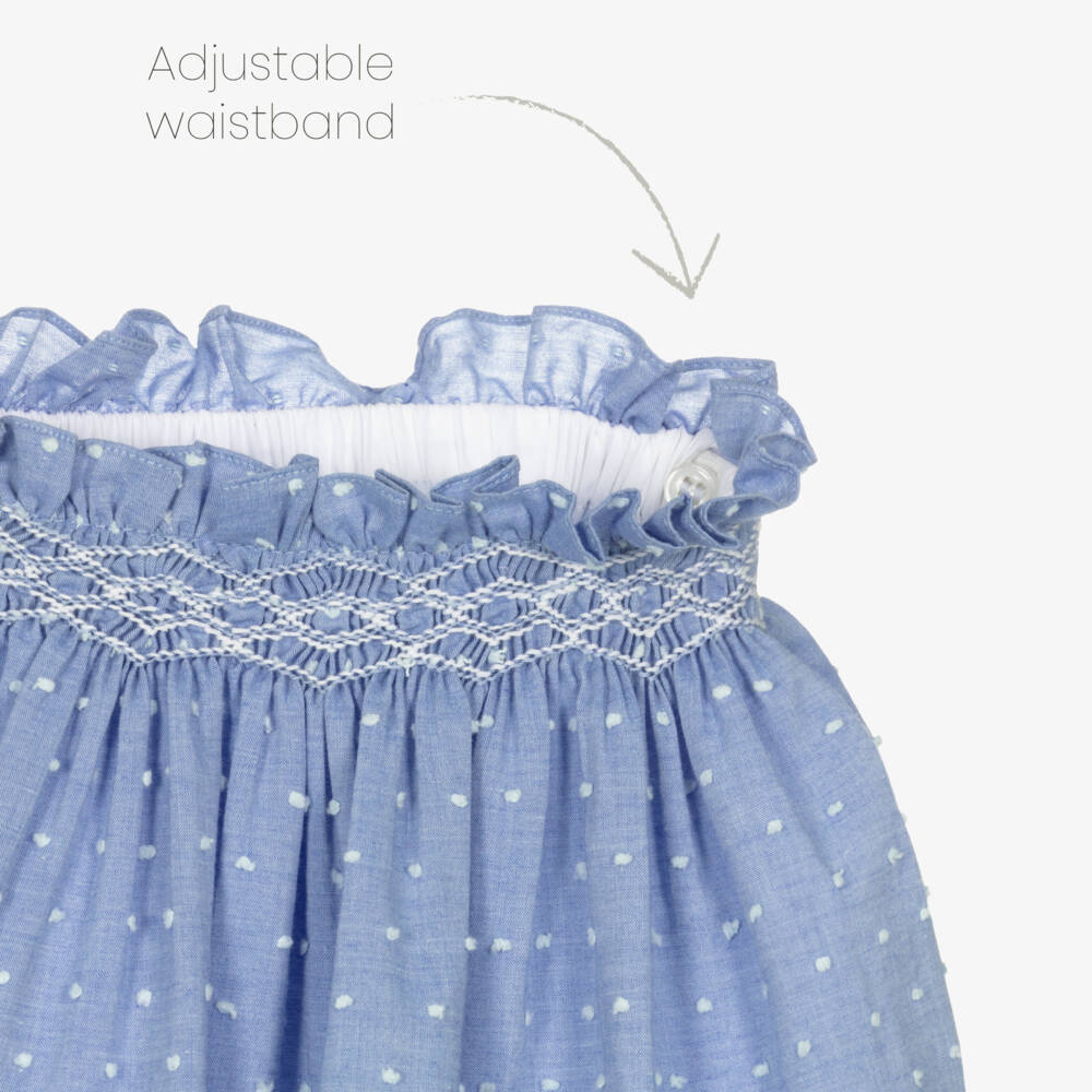 Kidiwi-Girls White & Blue Hand-Smocked Cotton Skirt Set | Childrensalon Outlet
