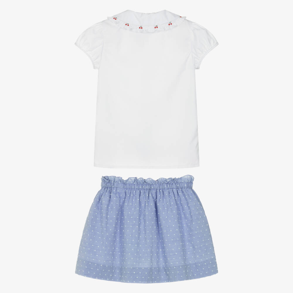 Kidiwi-Girls White & Blue Hand-Smocked Cotton Skirt Set | Childrensalon Outlet