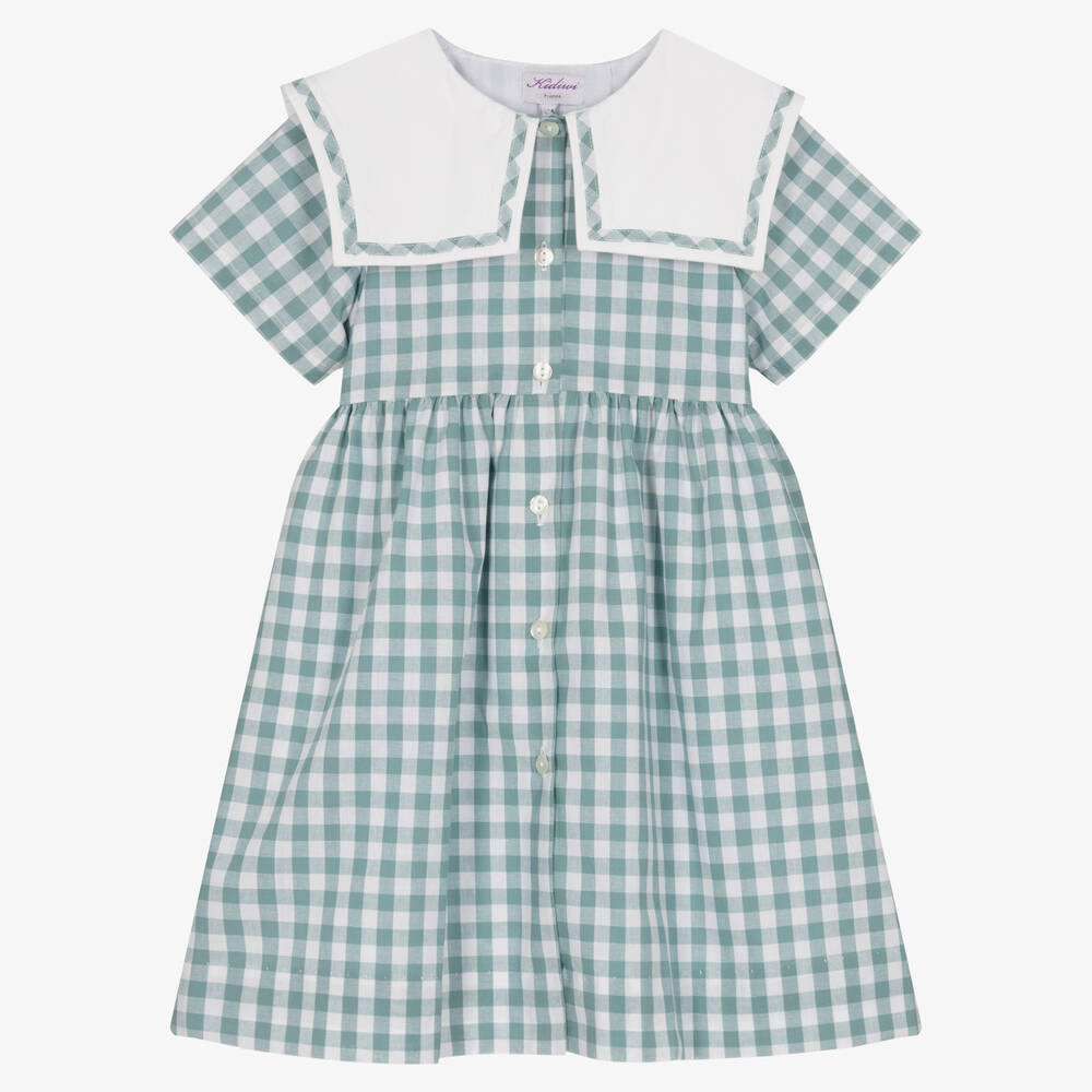 Kidiwi - Girls White & Green Gingham Dress | Childrensalon