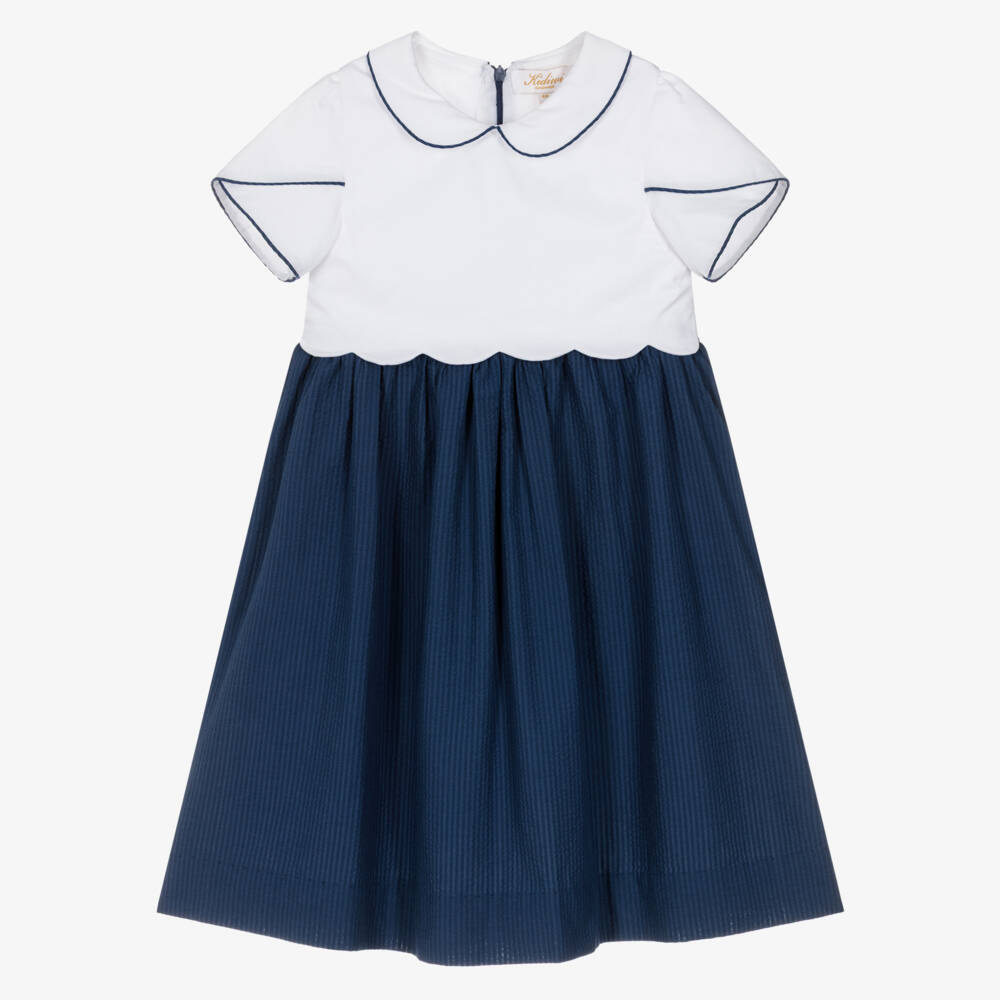Kidiwi-Girls White & Navy Blue Cotton Dress with Tulip Sleeves | Childrensalon Outlet