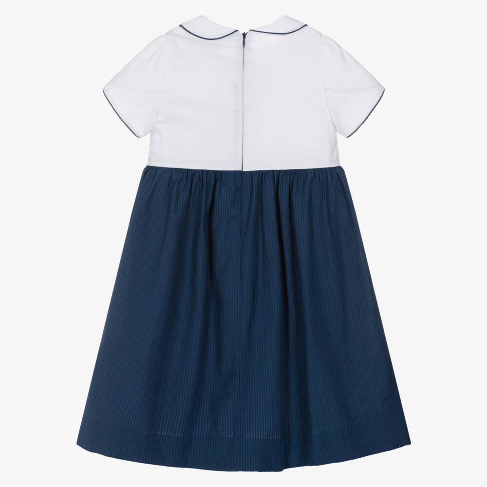 Kidiwi-Girls White & Navy Blue Cotton Dress with Tulip Sleeves | Childrensalon Outlet