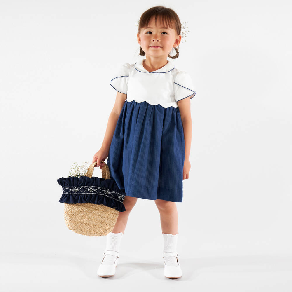 Kidiwi-Girls White & Navy Blue Cotton Dress with Tulip Sleeves | Childrensalon Outlet