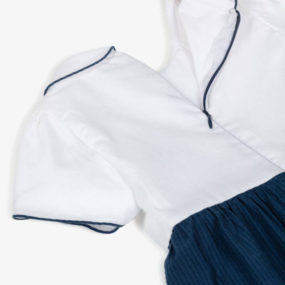 Kidiwi-Girls White & Navy Blue Cotton Dress with Tulip Sleeves | Childrensalon Outlet