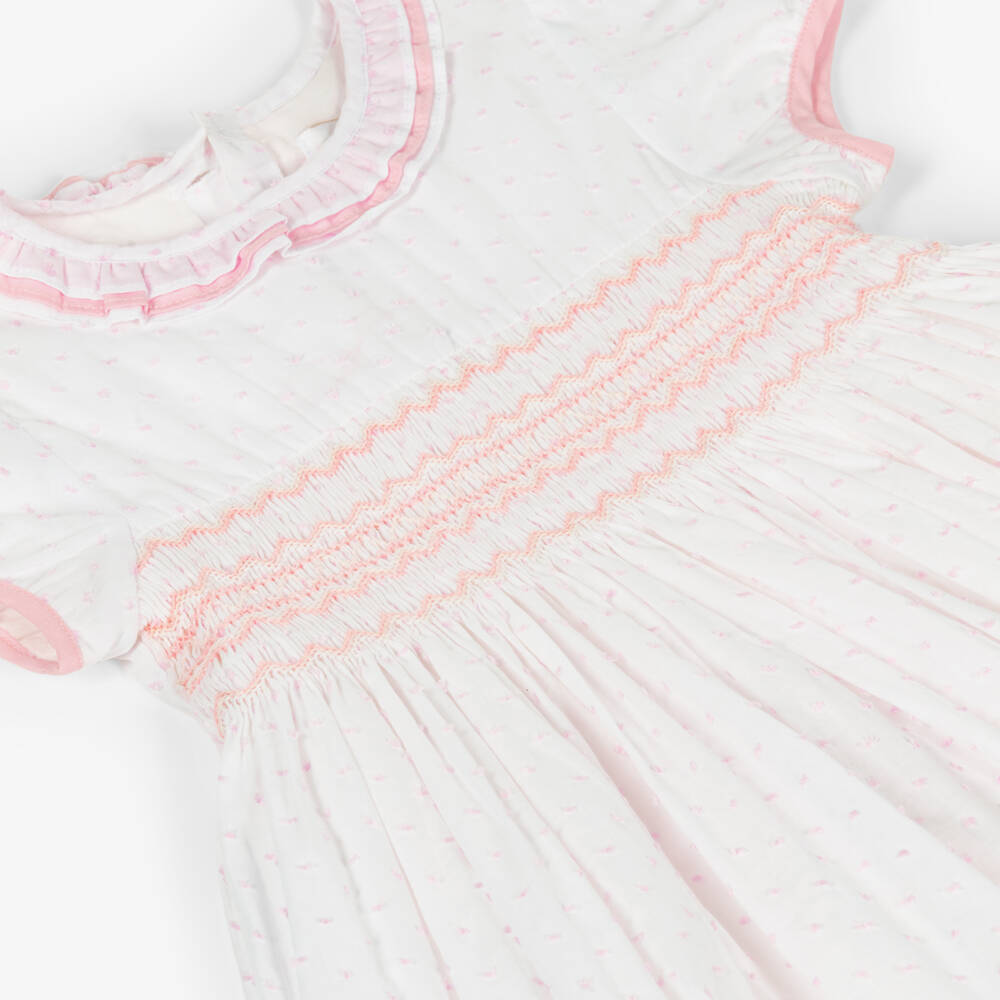 Kidiwi-Girls White & Pink Cotton Plumetis Dress with Hand Smocking | Childrensalon Outlet