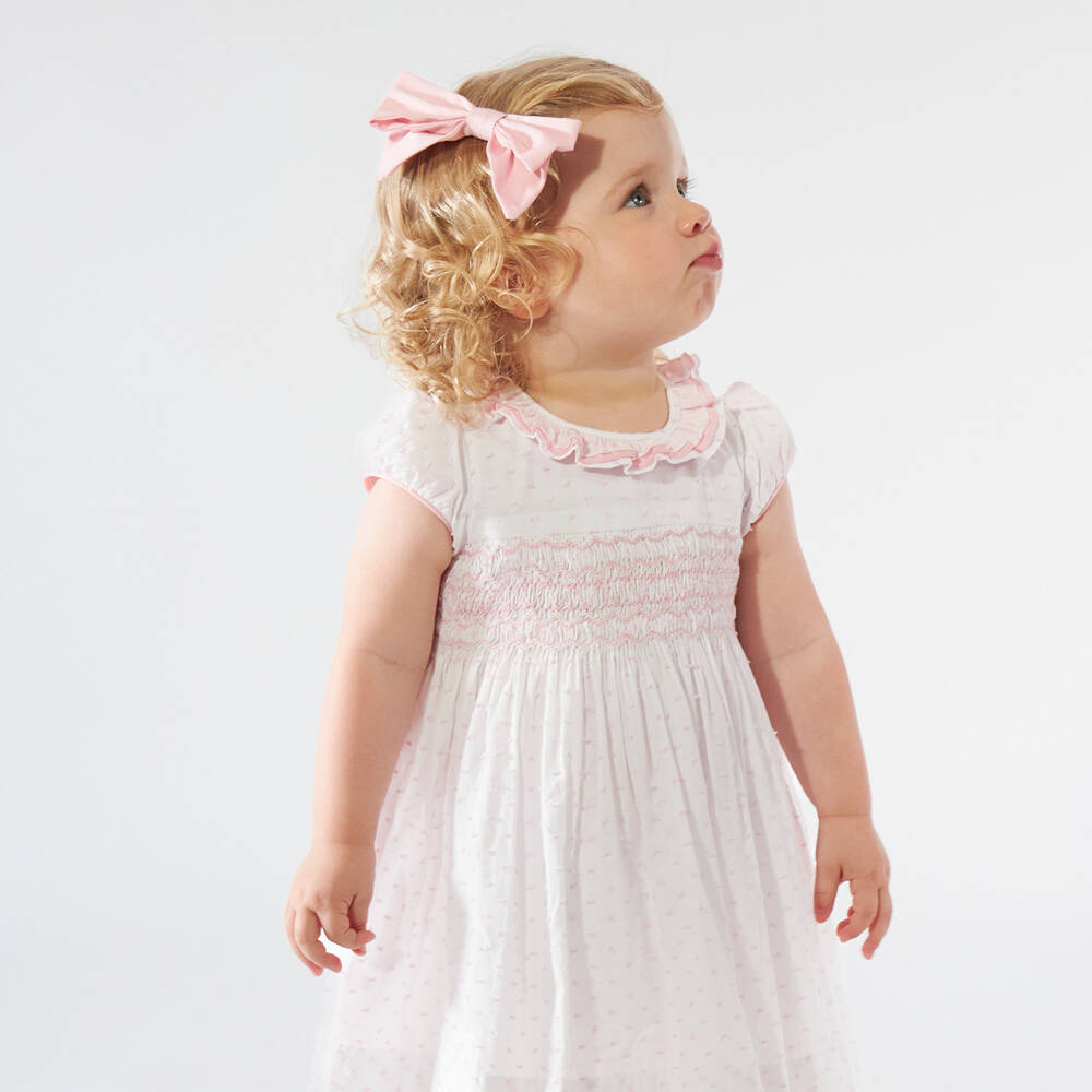 Kidiwi-Girls White & Pink Cotton Plumetis Dress with Hand Smocking | Childrensalon Outlet