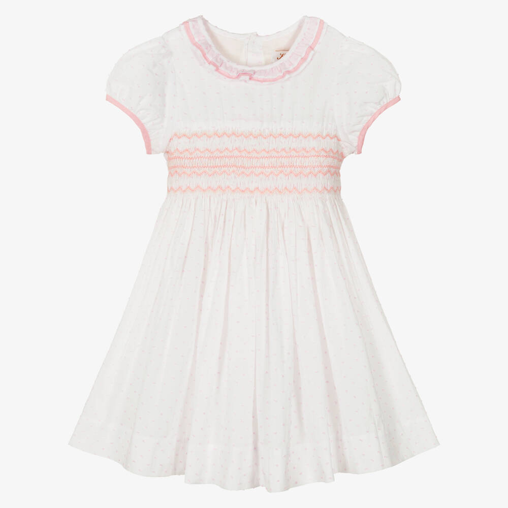 Kidiwi-Girls White & Pink Cotton Plumetis Dress with Hand Smocking | Childrensalon Outlet