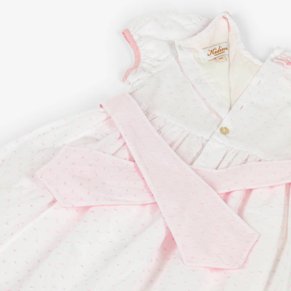 Kidiwi-Girls White & Pink Cotton Plumetis Dress with Hand Smocking | Childrensalon Outlet