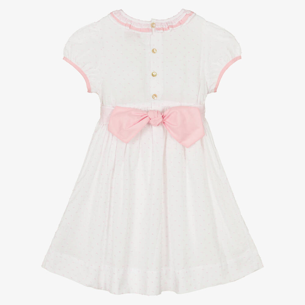 Kidiwi-Girls White & Pink Cotton Plumetis Dress with Hand Smocking | Childrensalon Outlet