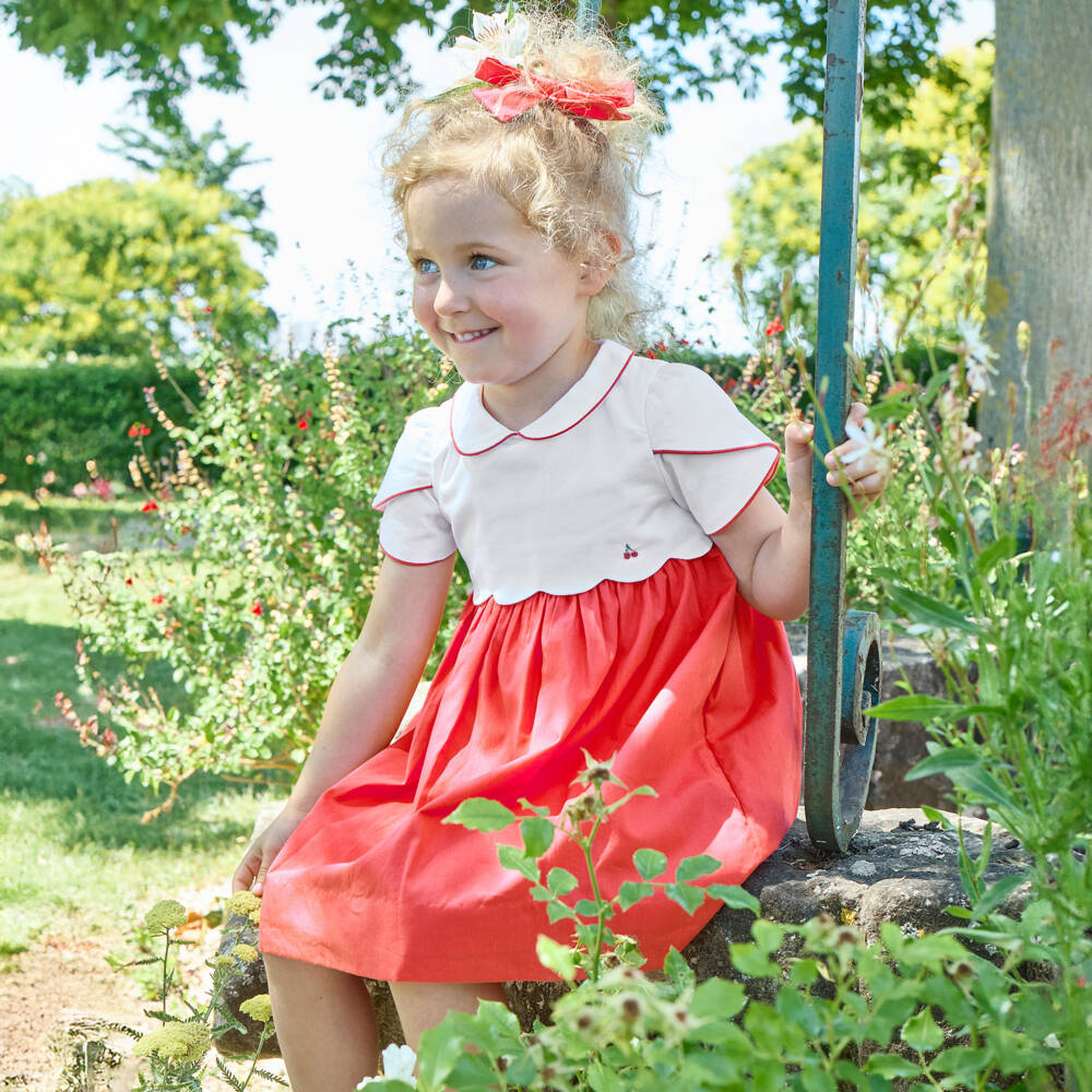 Kidiwi-Girls White & Red Cotton Scalloped Dress | Childrensalon Outlet