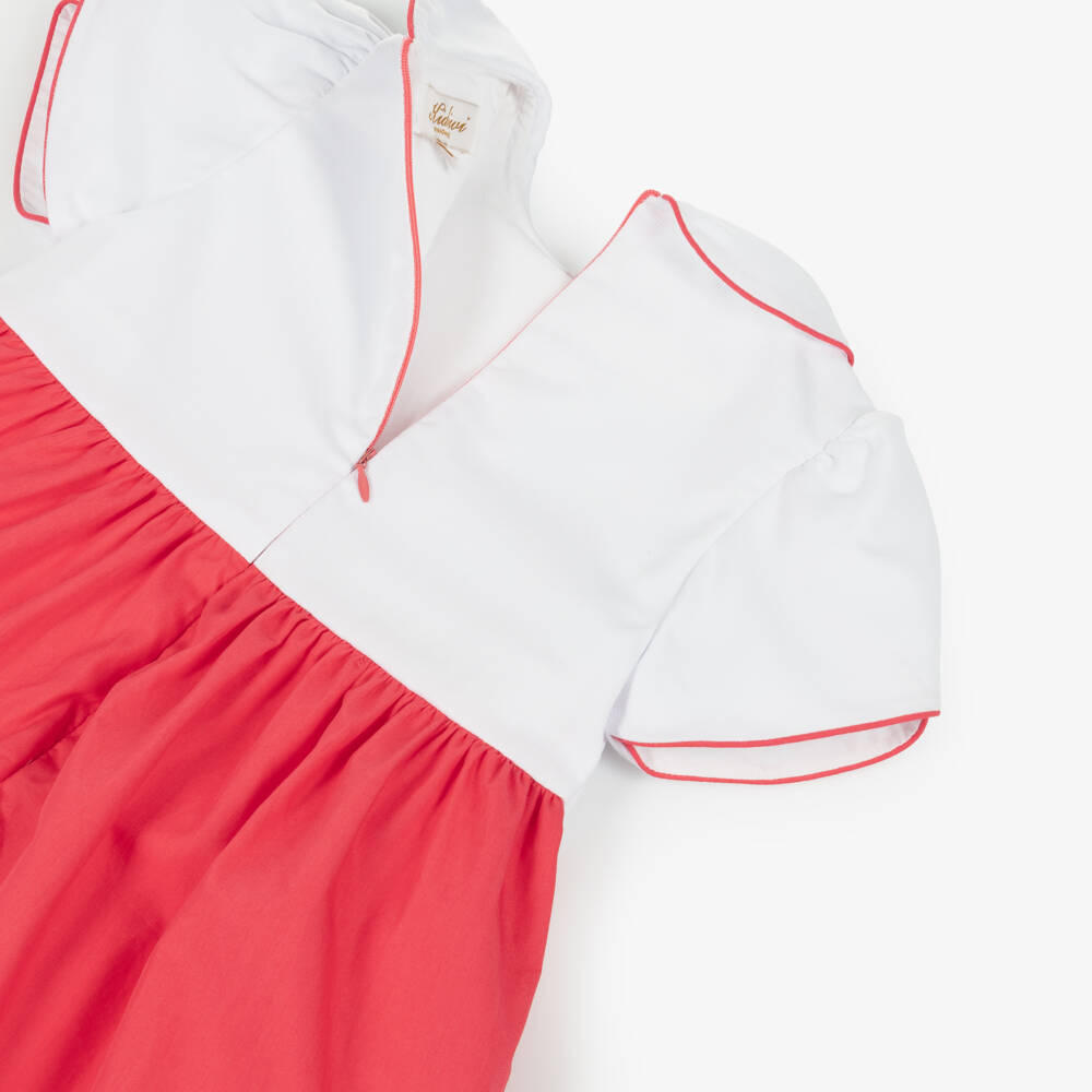 Kidiwi-Girls White & Red Cotton Scalloped Dress | Childrensalon Outlet