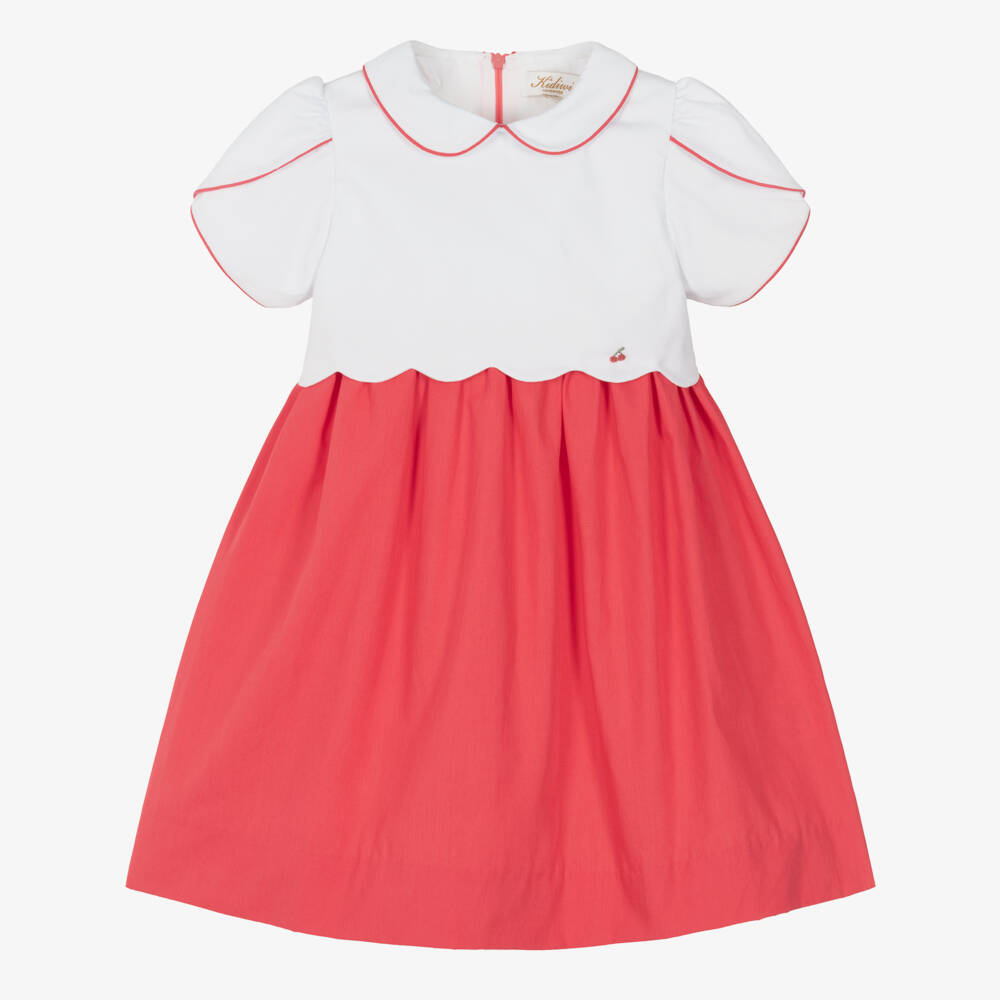 Kidiwi-Girls White & Red Cotton Scalloped Dress | Childrensalon Outlet