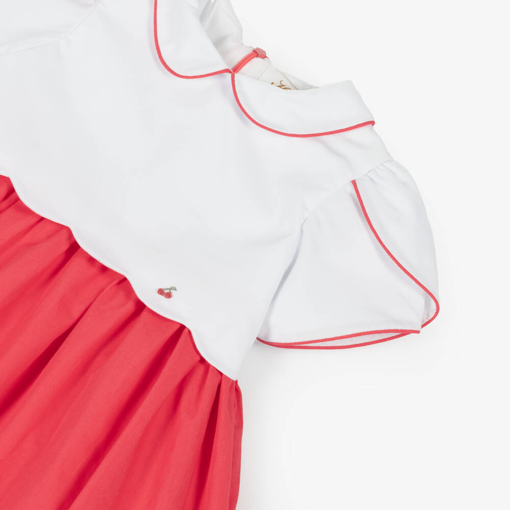 Kidiwi-Girls White & Red Cotton Scalloped Dress | Childrensalon Outlet