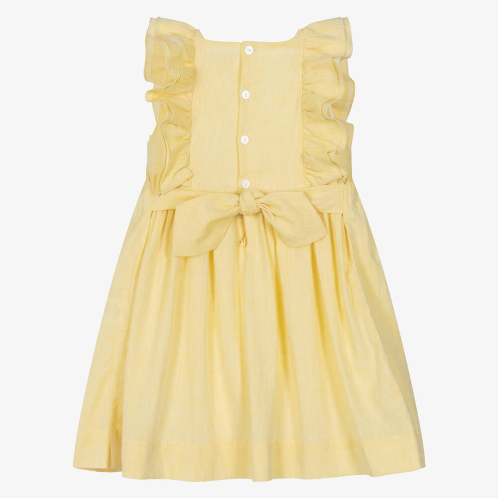 Kidiwi-Girls Yellow Cotton & Linen Hand-Smocked Dress | Childrensalon Outlet