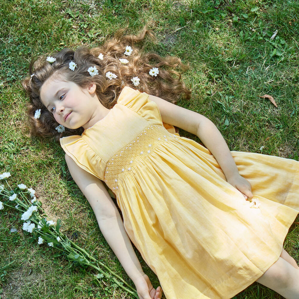 Kidiwi-Girls Yellow Cotton & Linen Hand-Smocked Dress | Childrensalon Outlet