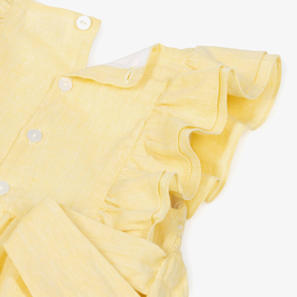 Kidiwi-Girls Yellow Cotton & Linen Hand-Smocked Dress | Childrensalon Outlet