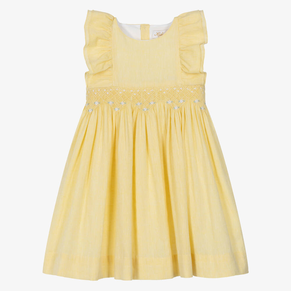 Kidiwi-Girls Yellow Cotton & Linen Hand-Smocked Dress | Childrensalon Outlet