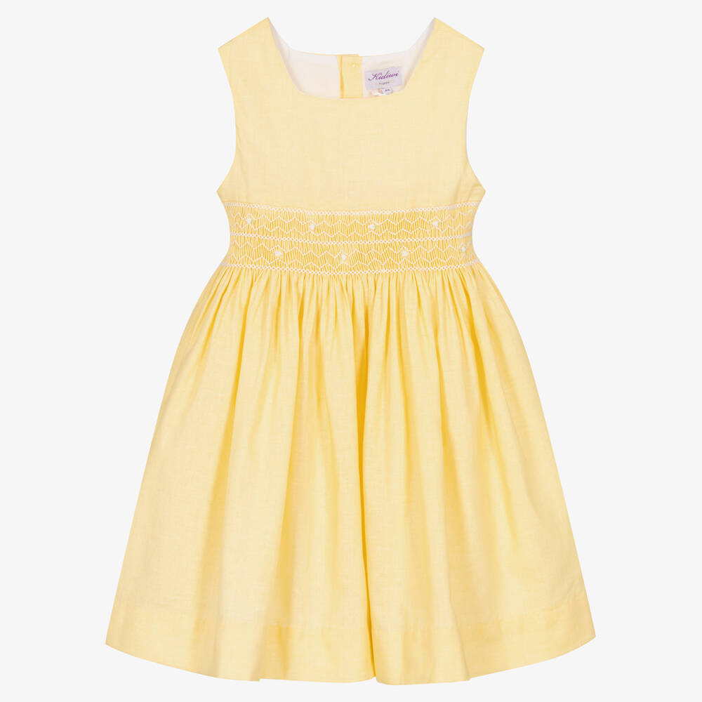 Kidiwi - Girls Yellow Smocked Cotton & Linen Dress | Childrensalon