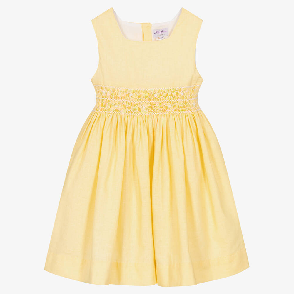 Kidiwi - Robe jaune smockée en coton et lin | Childrensalon