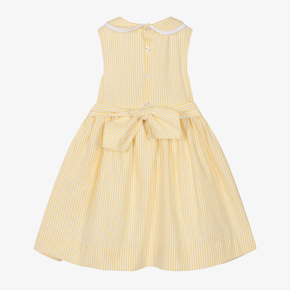 Kidiwi-Girls Yellow Striped Hand-Smocked Cotton Dress | Childrensalon Outlet