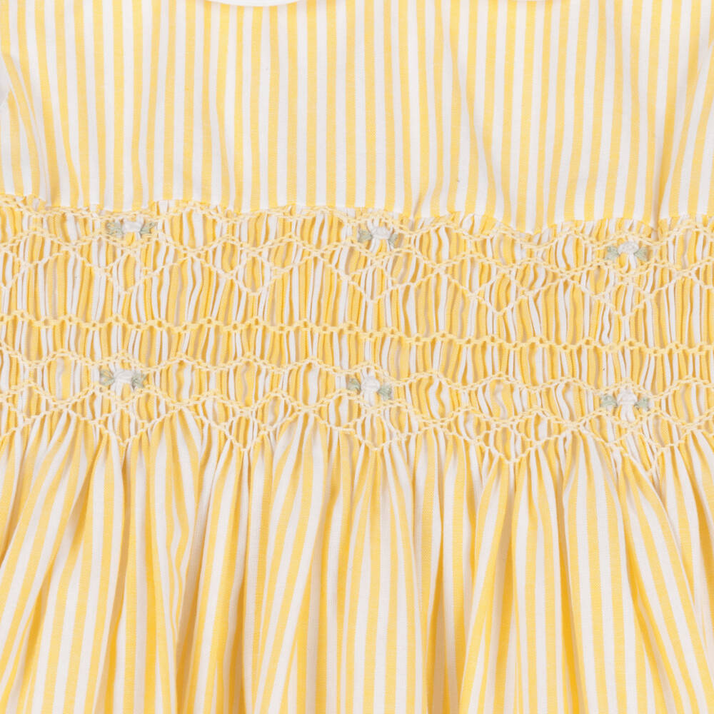 Kidiwi-Girls Yellow Striped Hand-Smocked Cotton Dress | Childrensalon Outlet