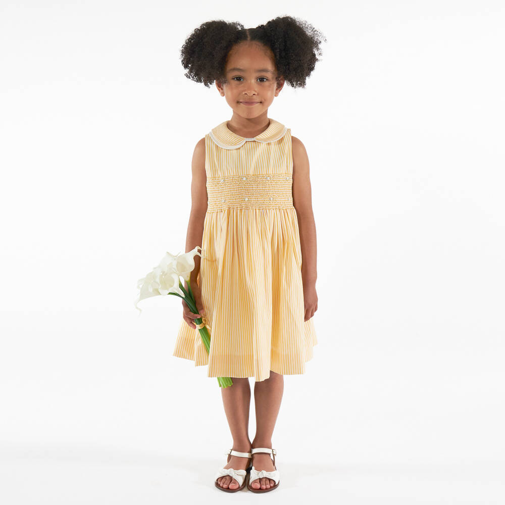 Kidiwi-Girls Yellow Striped Hand-Smocked Cotton Dress | Childrensalon Outlet
