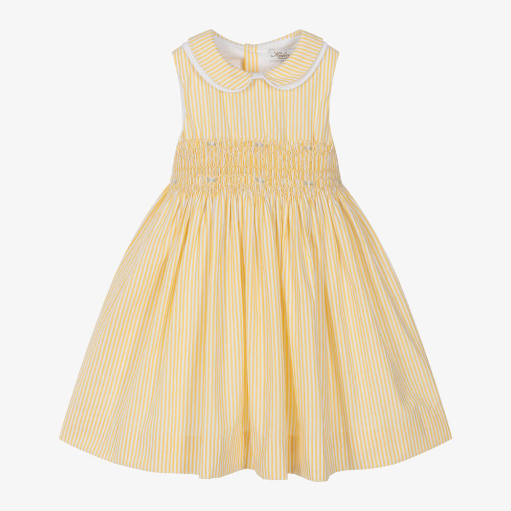 Kidiwi-Girls Yellow Striped Hand-Smocked Cotton Dress | Childrensalon Outlet