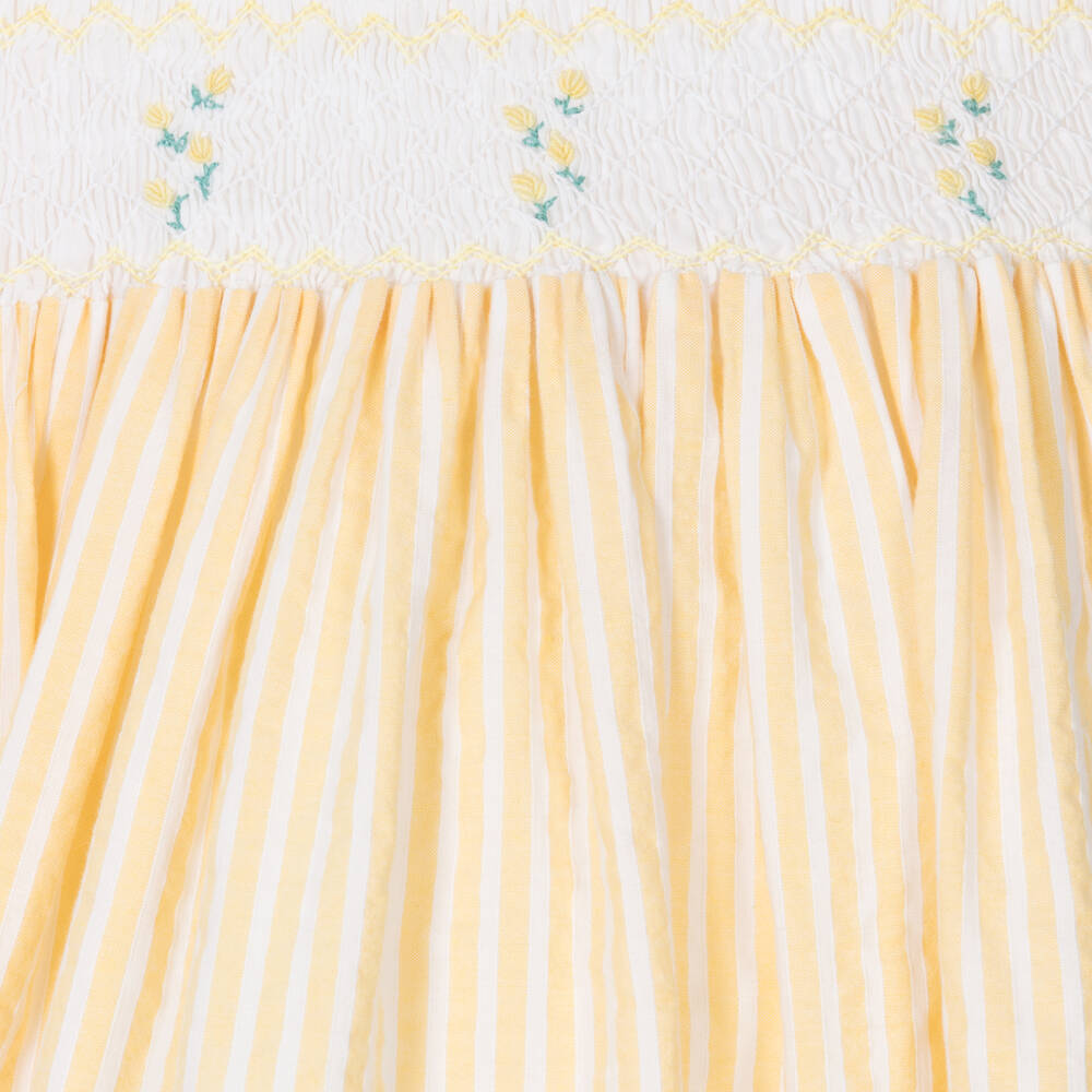 Kidiwi-Girls Yellow & White Cotton Smocked Dress | Childrensalon Outlet