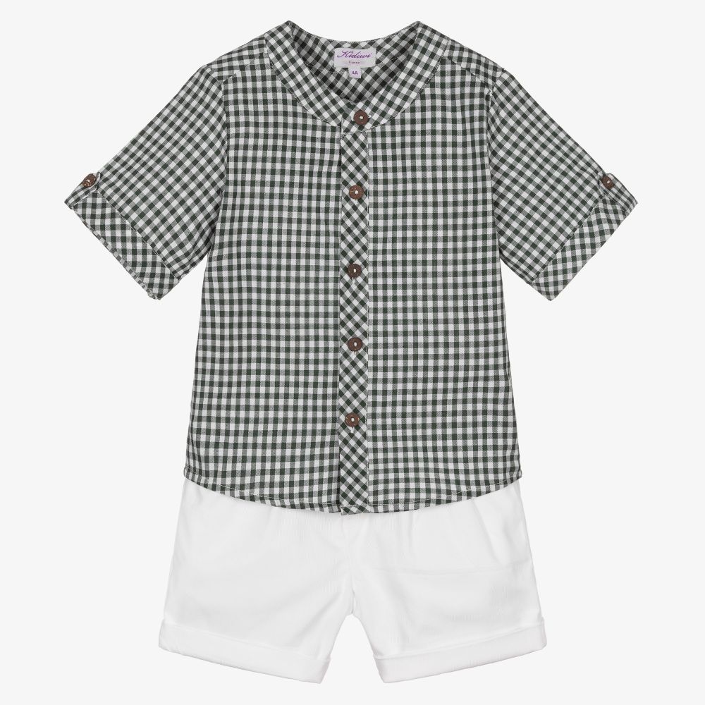 Kidiwi - Green & White Cotton Shorts Set | Childrensalon