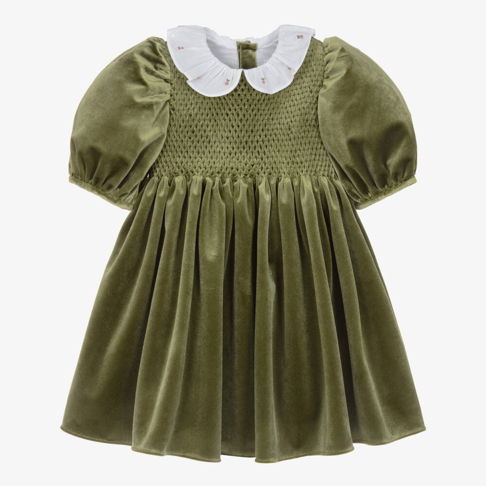 Kidiwi-Olive Velvet Dress | Childrensalon Outlet