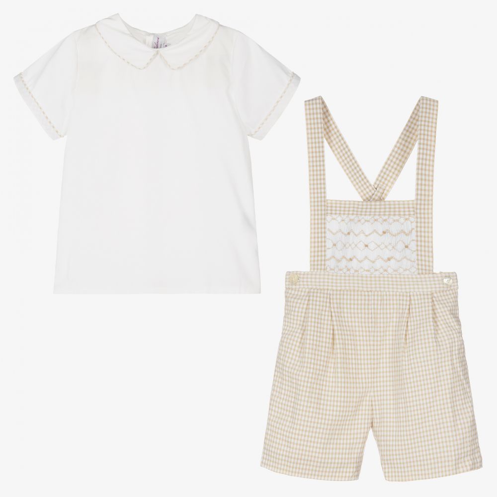 Kidiwi-طقم دانغريز أطفال ولادي قطن سموكينغ لون بيج وأبيض | Childrensalon Outlet