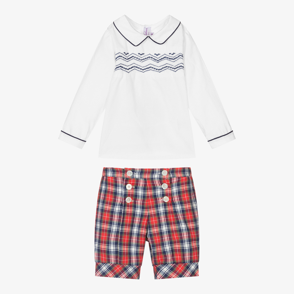 Kidiwi-Smocked Red Tartan Shorts Set  | Childrensalon Outlet