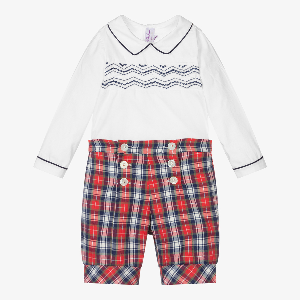 Kidiwi - Ensemble short tartan rouge smocké  | Childrensalon