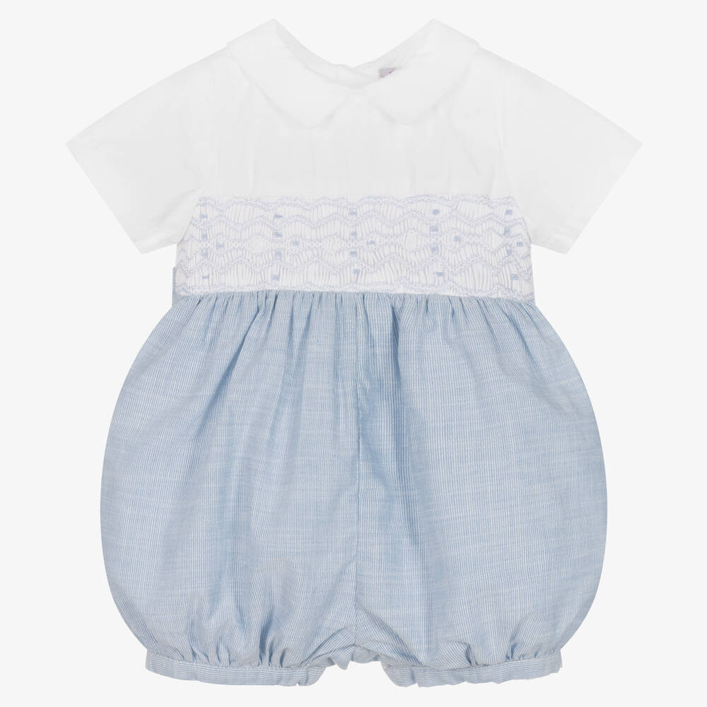 Kidiwi - White & Blue Baby Smocked Shortie  | Childrensalon