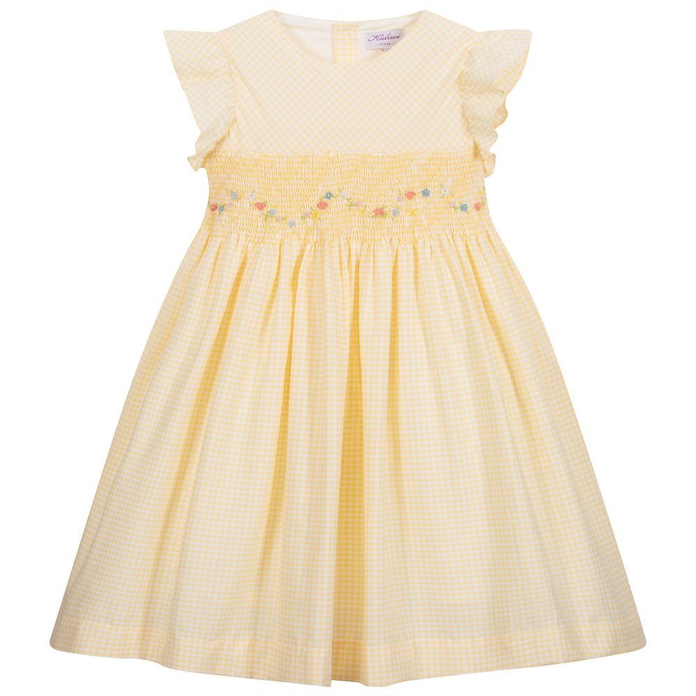 Kidiwi - Gelbes, gesmoktes Kleid mit Vichykaros  | Childrensalon