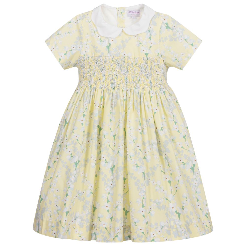 Kidiwi-فستان سموكينع قطن لون أصفربطبعة ورود | Childrensalon Outlet