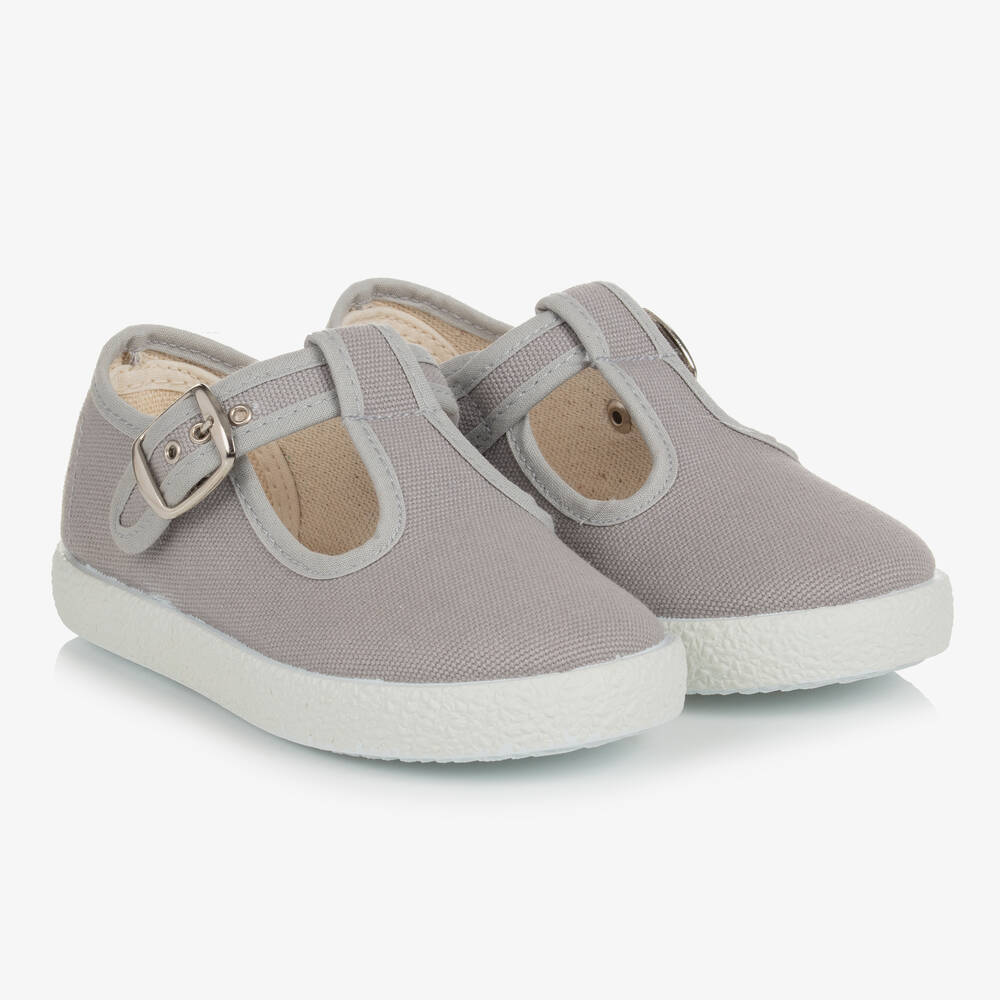 KIKU - Grey Canvas T-Bar Shoes | Childrensalon