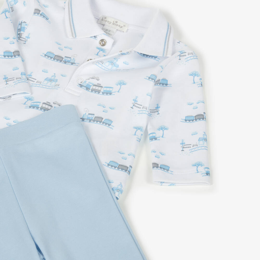 Kissy Kissy-Baby Boys Blue Pima Cotton Roundabout Railroad Trouser Set | Childrensalon Outlet