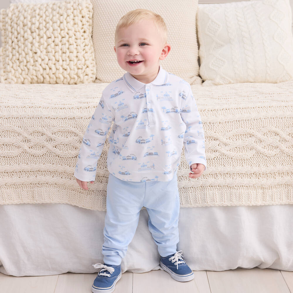 Kissy Kissy-Baby Boys Blue Pima Cotton Roundabout Railroad Trouser Set | Childrensalon Outlet