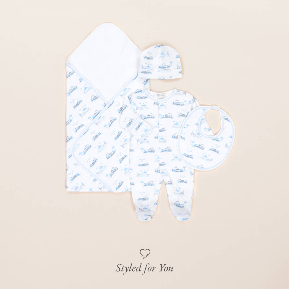 Kissy Kissy-Baby Boys White & Blue Pima Cotton Roundabout Railroad Bib | Childrensalon Outlet