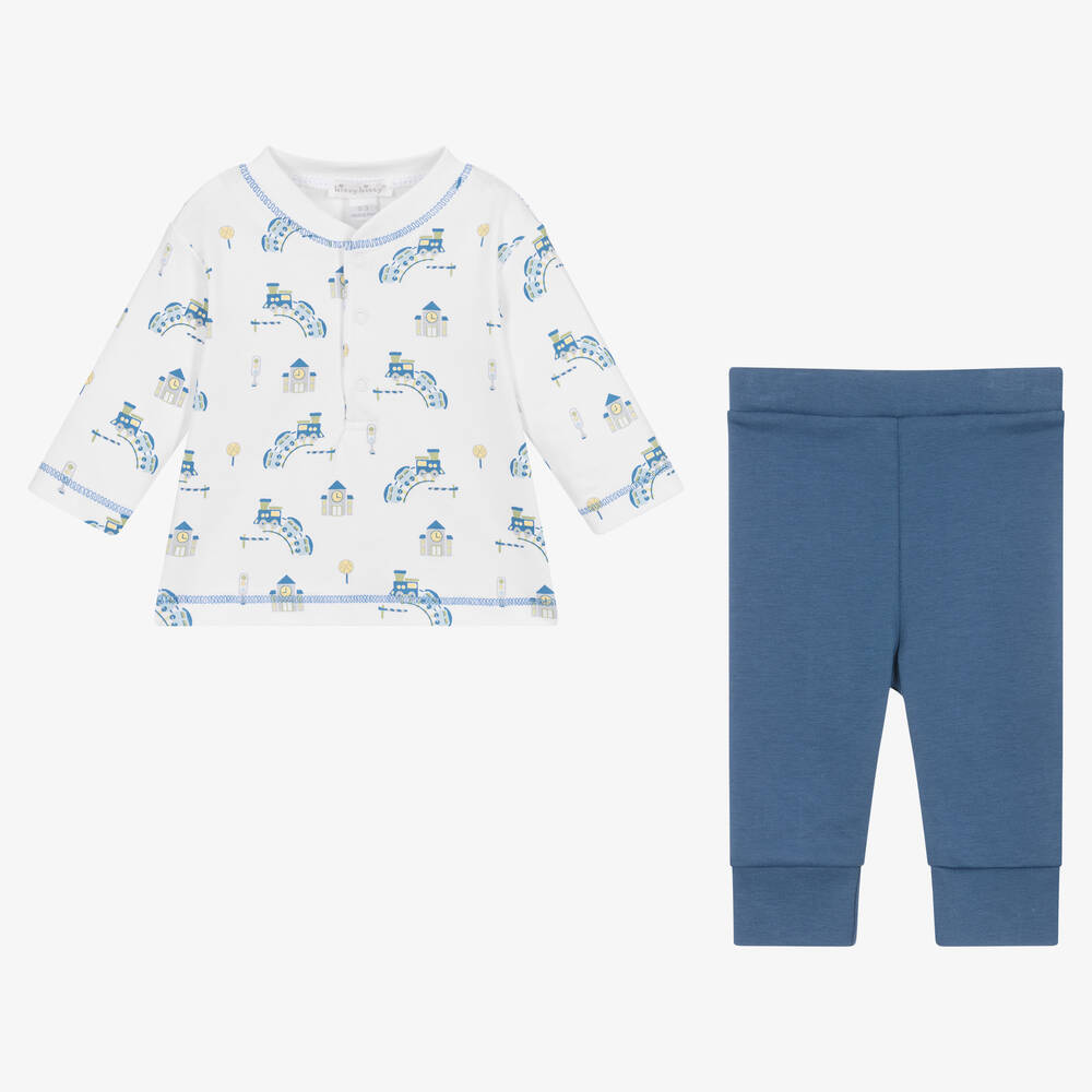Kissy Kissy-Baby Boys White & Blue Train Depot Trouser Set | Childrensalon Outlet