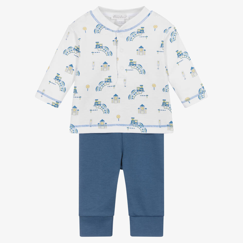 Kissy Kissy-Baby Boys White & Blue Train Depot Trouser Set | Childrensalon Outlet