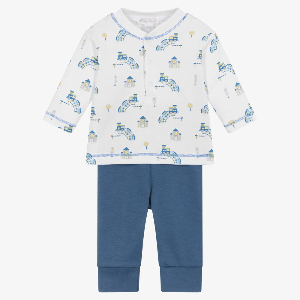 Kissy Kissy - Ensemble pantalon blanc bleu trains | Childrensalon