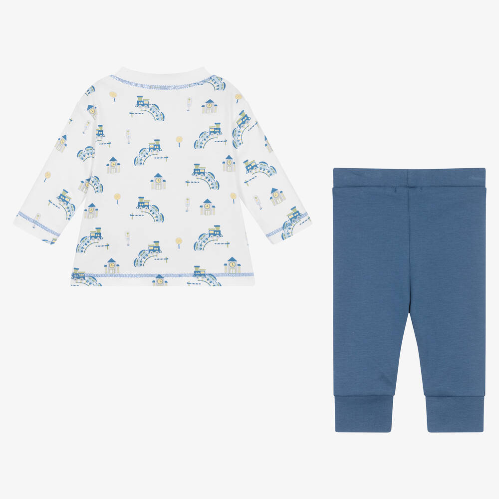 Kissy Kissy-Baby Boys White & Blue Train Depot Trouser Set | Childrensalon Outlet