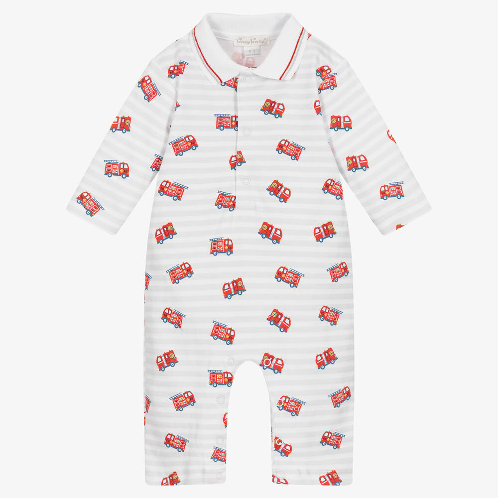 Kissy Kissy - Baby Boys White & Grey Firetruck Rescue Romper | Childrensalon