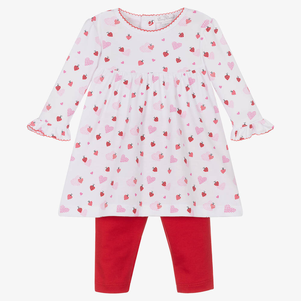 Kissy Kissy - طقم فستان قطن بيما لون أبيض وأحمر للمولودات | Childrensalon